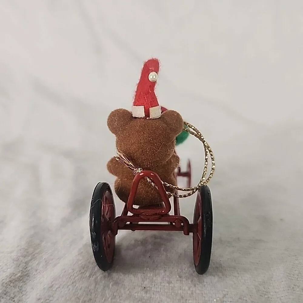 Red Metal Ornament Car With Flocked Teddy Bear & Wreath 1980’s Avon Vintage